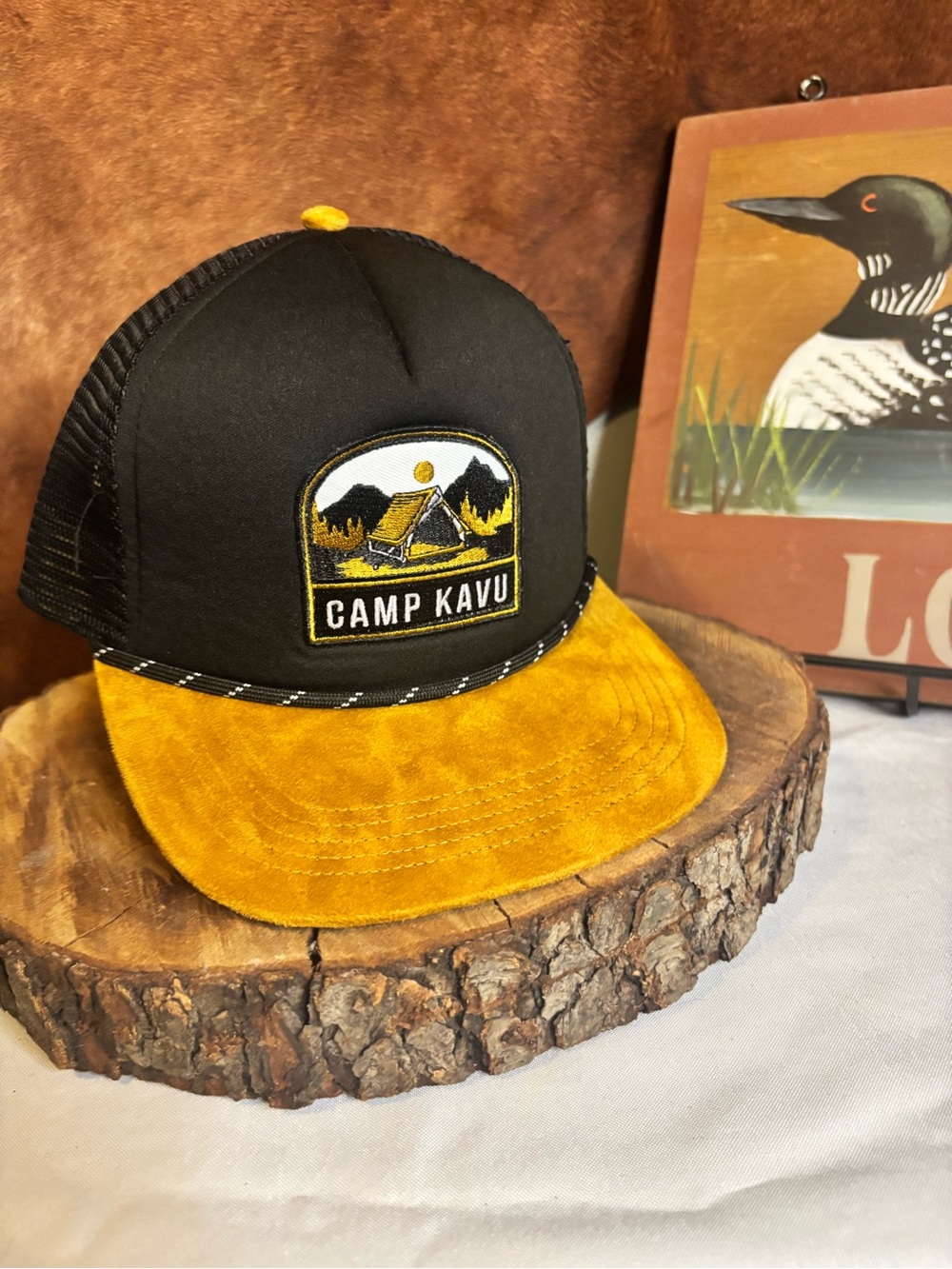 Camp Kavu Trucker Hat | Black + Mustard Suede Bill Snapback Outdoor Cap